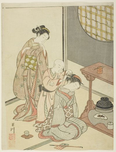 Lluvia nocturna en el puesto de té (Daisu no yau), de la serie "Ocho vistas del salón (Zashiki hakkei)" de Suzuki Harunobu