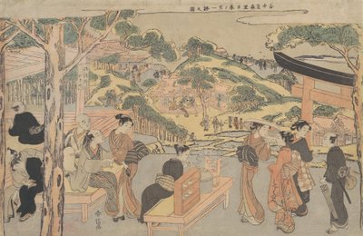 Osen de la Casa de Té Kagiya en el Santuario Kasamori con una vista de Nippori en Yanaka, ca. 1768 de Suzuki Harunobu