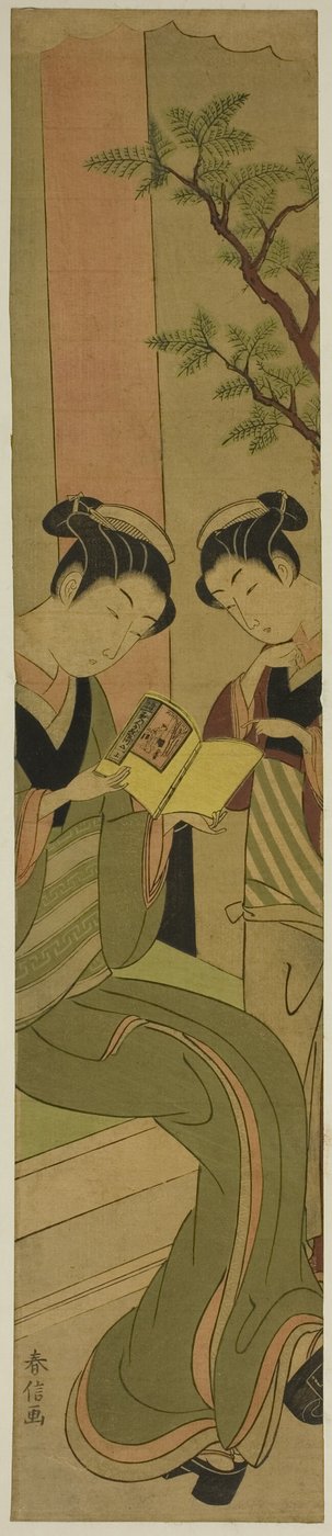 Osen de la casa de té Kagiya y un asistente leyendo una novelita de Suzuki Harunobu