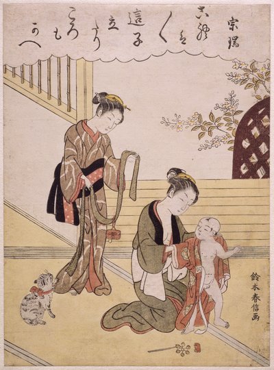 Una madre vistiendo a su hijo con un kimono de Suzuki Harunobu