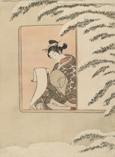 Parodia de Sun Kang, también conocido como Snow by the Window de Suzuki Harunobu