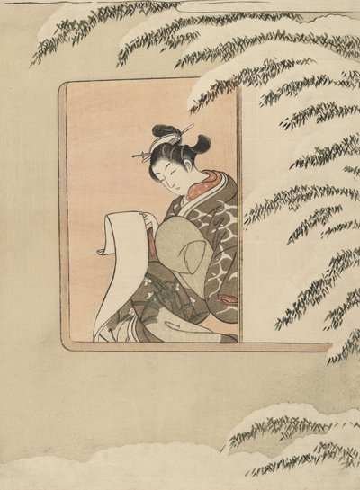 Parodia de Sun Kang, también conocida como Nieve junto a la ventana de Suzuki Harunobu