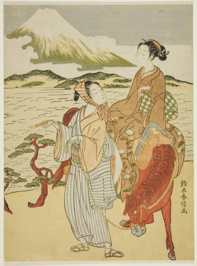 Pausa para admirar el monte Fuji (parodia del viaje al este de Ariwara no Narihira) de Suzuki Harunobu