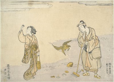 Rastrillo de cañas: bellezas orientales en la playa de Suzuki Harunobu