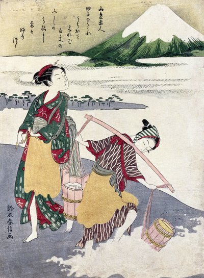 Doncellas de sal en la playa de Tago-no-ura con el Monte Fuji detrás de Suzuki Harunobu