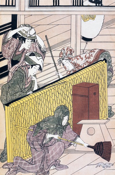 Sirviente persiguiendo ratones en la casa de Suzuki Harunobu