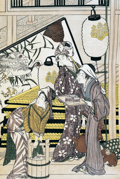 Sirvientes trabajando en casa, impresión de arte ukiyo-e por Suzuki Harunobu (1725-1770), xilografía, civilización japonesa, período Edo de Suzuki Harunobu
