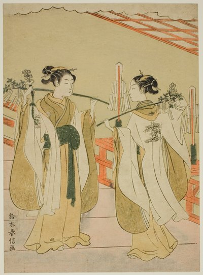 Doncellas del santuario Onami y Ohatsu bailando en el santuario Yushima Tenjin de Suzuki Harunobu