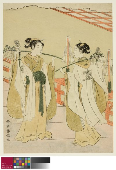 Miko Onami y Ohatsu bailando en el santuario Yushima Tenjin de Suzuki Harunobu