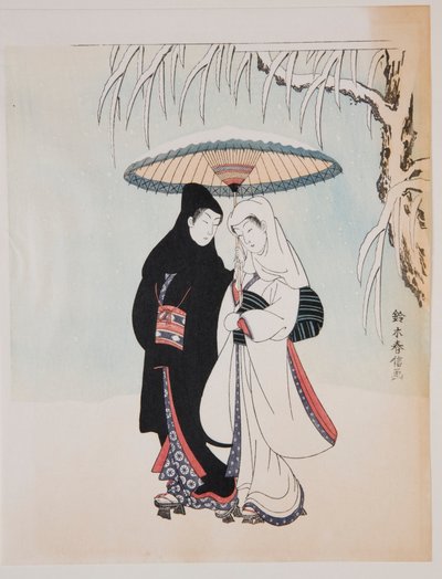 Paseo bajo una sombrilla en la nieve de Suzuki Harunobu
