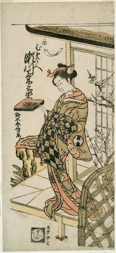 El actor Segawa Kikunojo II como la cortesana Umegae en la obra "Hiragana Seisuiki," representada en el Teatro Ichimura en el primer mes de 1764 de Suzuki Harunobu