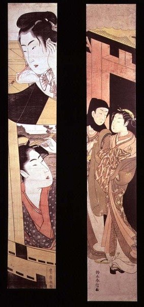 La cita: dos amantes en una puerta, c.1768 (grabado en madera a color) de Suzuki Harunobu
