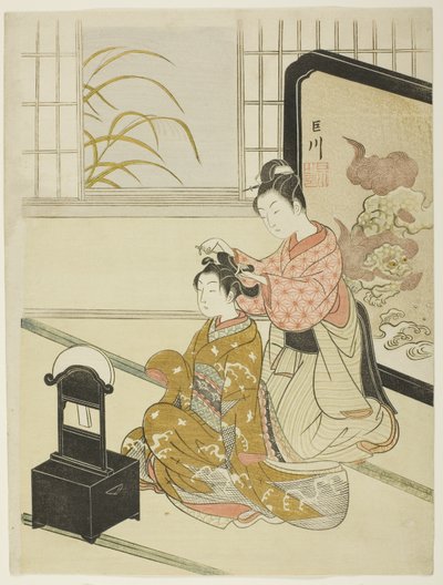 La luna de otoño en el espejo (Kyodai no shugetsu), de la serie "Ocho vistas del salón (Zashiki hakkei)" de Suzuki Harunobu