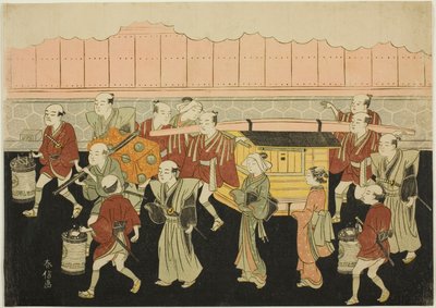La novia cabalgando en palanquín hacia la casa de su marido (Koshi-iri), tercera lámina de la serie "El matrimonio en los grabados de brocado, el carruaje de la mujer virtuosa (Konrei nishiki misao-guruma)". de Suzuki Harunobu