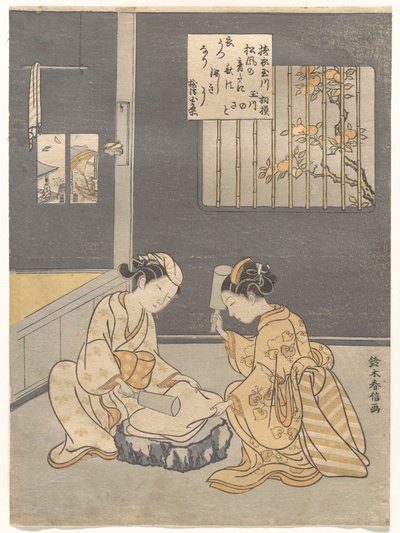 El río joya del bataneo de telas, un lugar famoso de la provincia de Settsu (Tōi no Tamagawa, Settsu no meisho), de una serie sin título de seis ríos joya (Mu Tamagawa) de Suzuki Harunobu