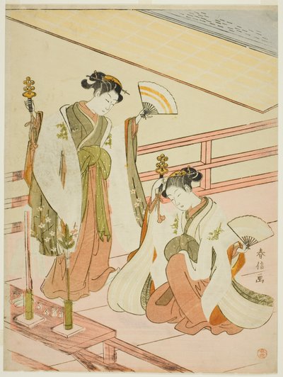 La danza de las doncellas del santuario Ohatsu y Onami de Suzuki Harunobu