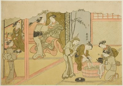 El Primer Parto (Uizan), la séptima hoja de la serie "Matrimonio en Impresiones de Brocado, el Carro de la Mujer Virtuosa (Konrei nishiki misao-guruma)" de Suzuki Harunobu