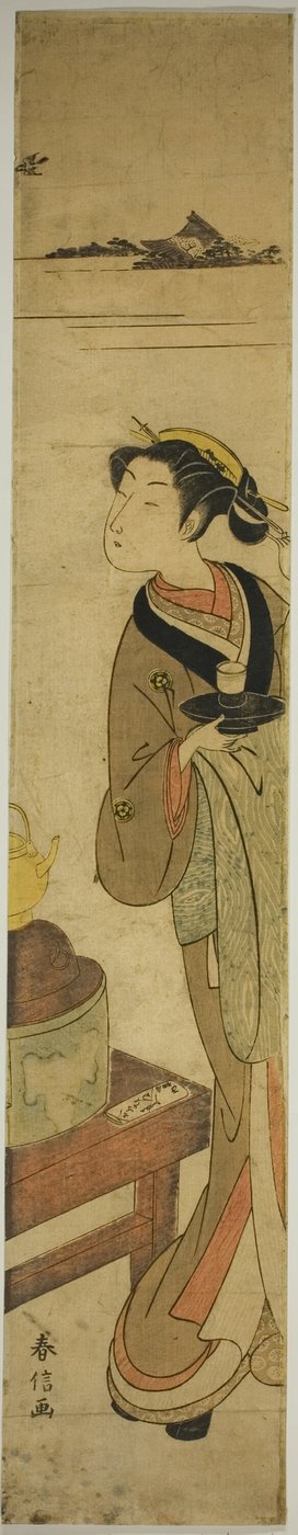 La camarera Osen de la casa de té Kagiya llevando una taza de té de Suzuki Harunobu