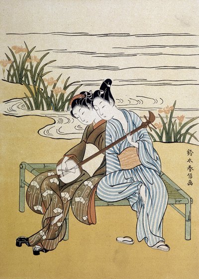 El shamisen: pareja tocando shamisen (o samisen: laúd de tres cuerdas con manga larga) - por Harunobou, en “Japón artístico”, julio de 1890 de Suzuki Harunobu