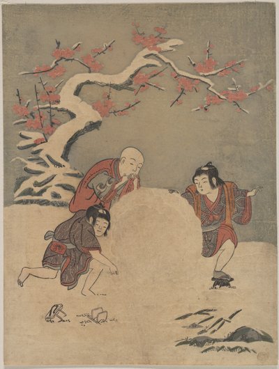 Tres niños haciendo un muñeco de nieve de Suzuki Harunobu