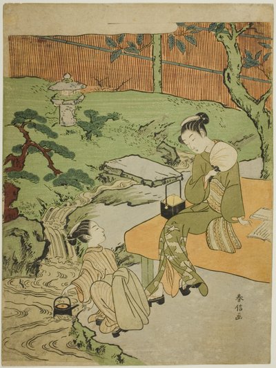Dos Chicas Disfrutando de la Frescura de la Tarde en un Jardín de Suzuki Harunobu
