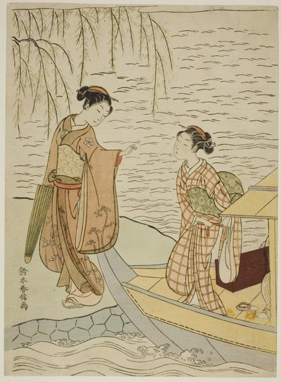Dos chicas saliendo de un bote de Suzuki Harunobu