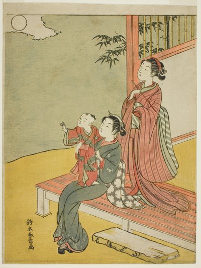 Dos Mujeres y un Niño Observando la Luna Llena de Suzuki Harunobu