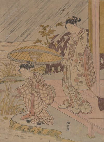 Viendo iris en la lluvia de Suzuki Harunobu