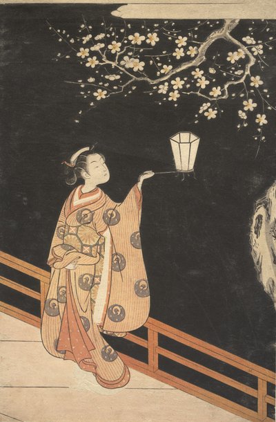 Mujer admirando flores de ciruelo por la noche de Suzuki Harunobu