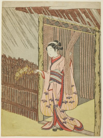 Mujer sosteniendo una rama de flores de Kerria bajo la lluvia (parodia de Ota Dokan) de Suzuki Harunobu