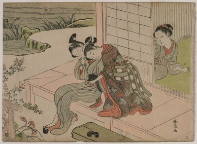 Mujer observando a una pareja joven abrazarse en una veranda, finales de 1760 de Suzuki Harunobu