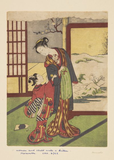Mujer y niño con gatito de Suzuki Harunobu