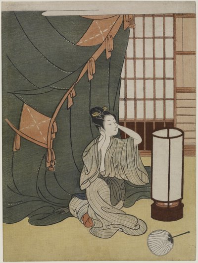 Joven mujer fuera de una mosquitera, después de 1766 de Suzuki Harunobu
