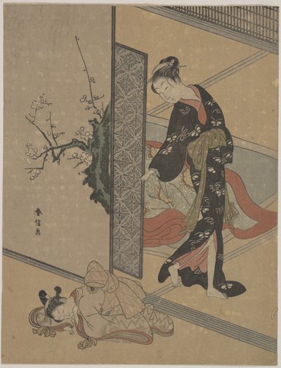 Joven dama mirando a través de la puerta a su kamuro (pequeña sirvienta), que duerme en el suelo de Suzuki Harunobu