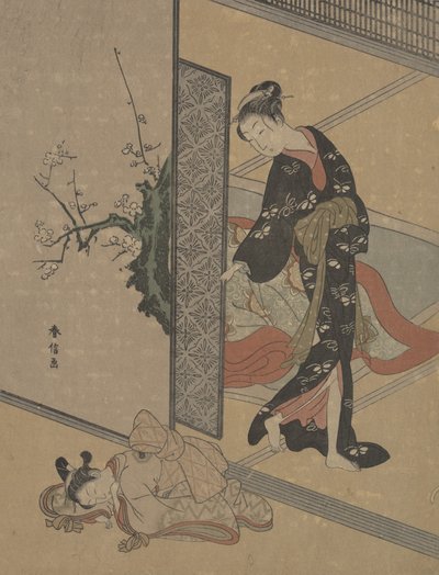 Joven dama mirando a través de la puerta a su pequeña sirvienta Kamuro que duerme en el suelo de Suzuki Harunobu