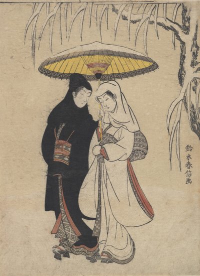 Jóvenes amantes caminando juntos bajo un paraguas en una tormenta de nieve, cuervo y garza, ca. 1769 de Suzuki Harunobu