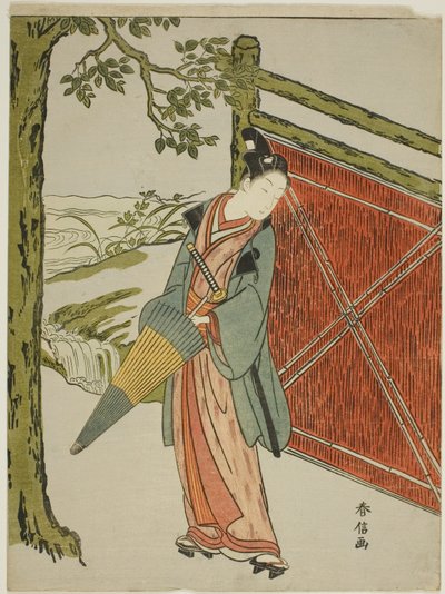 Joven sosteniendo un paraguas junto a una cerca de Suzuki Harunobu