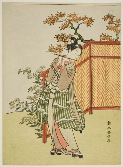 Joven tocando la flauta junto a una cerca de Suzuki Harunobu