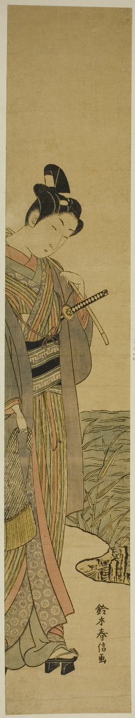 Joven con caña de pescar y red de Suzuki Harunobu