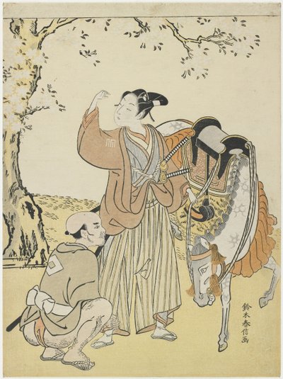 Joven Samurai Observando los Cerezos en Flor como un Mitate del Príncipe Kaoru, c. 1767 de Suzuki Harunobu