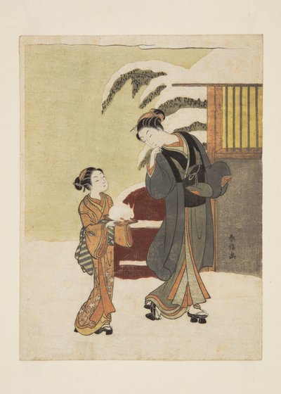 Joven mujer admirando un conejo de nieve (grabado en madera a color) de Suzuki Harunobu