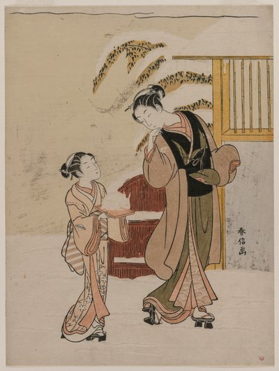 Joven mujer admirando un conejo de nieve, finales de 1760s de Suzuki Harunobu