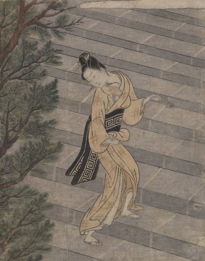 Joven mujer subiendo escaleras de piedra a un templo Shinto de Suzuki Harunobu