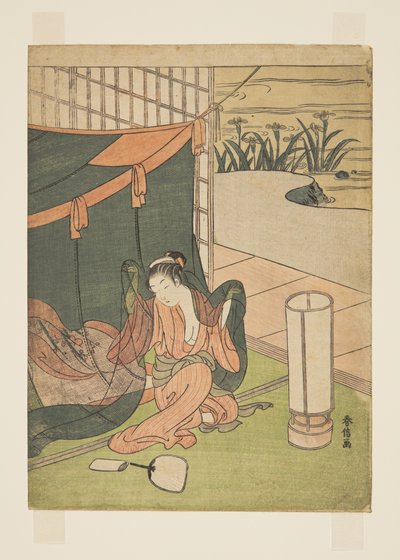 Joven mujer emergiendo de la mosquitera de Suzuki Harunobu