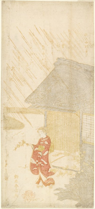 Joven mujer sosteniendo una rama de Kerria de Suzuki Harunobu