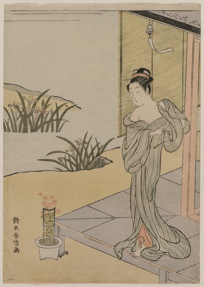 Joven mujer mirando una maceta de claveles, c. 1767 de Suzuki Harunobu