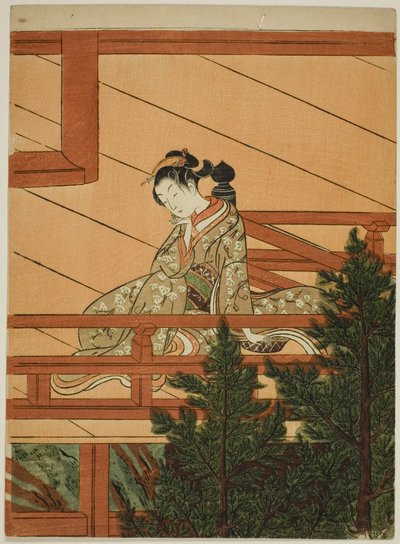 Joven Mujer Sentada en el Balcón del Templo Kiyomizu de Suzuki Harunobu