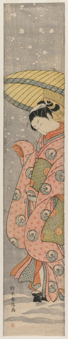 Joven de pie bajo un paraguas en la nieve, 1767-1768 de Suzuki Harunobu