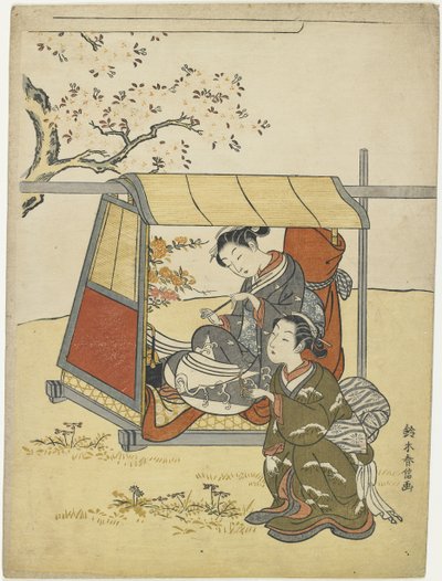 Joven mujer viendo flores de cerezo como un Mitate de Lady Nakanokimi, c. 1767 de Suzuki Harunobu