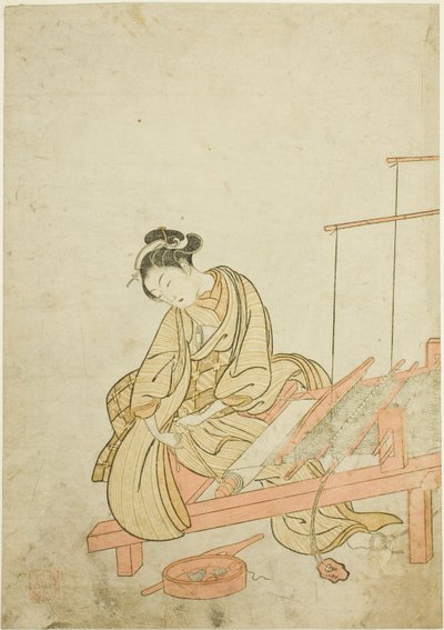 Joven mujer en un telar de Suzuki Harunobu
